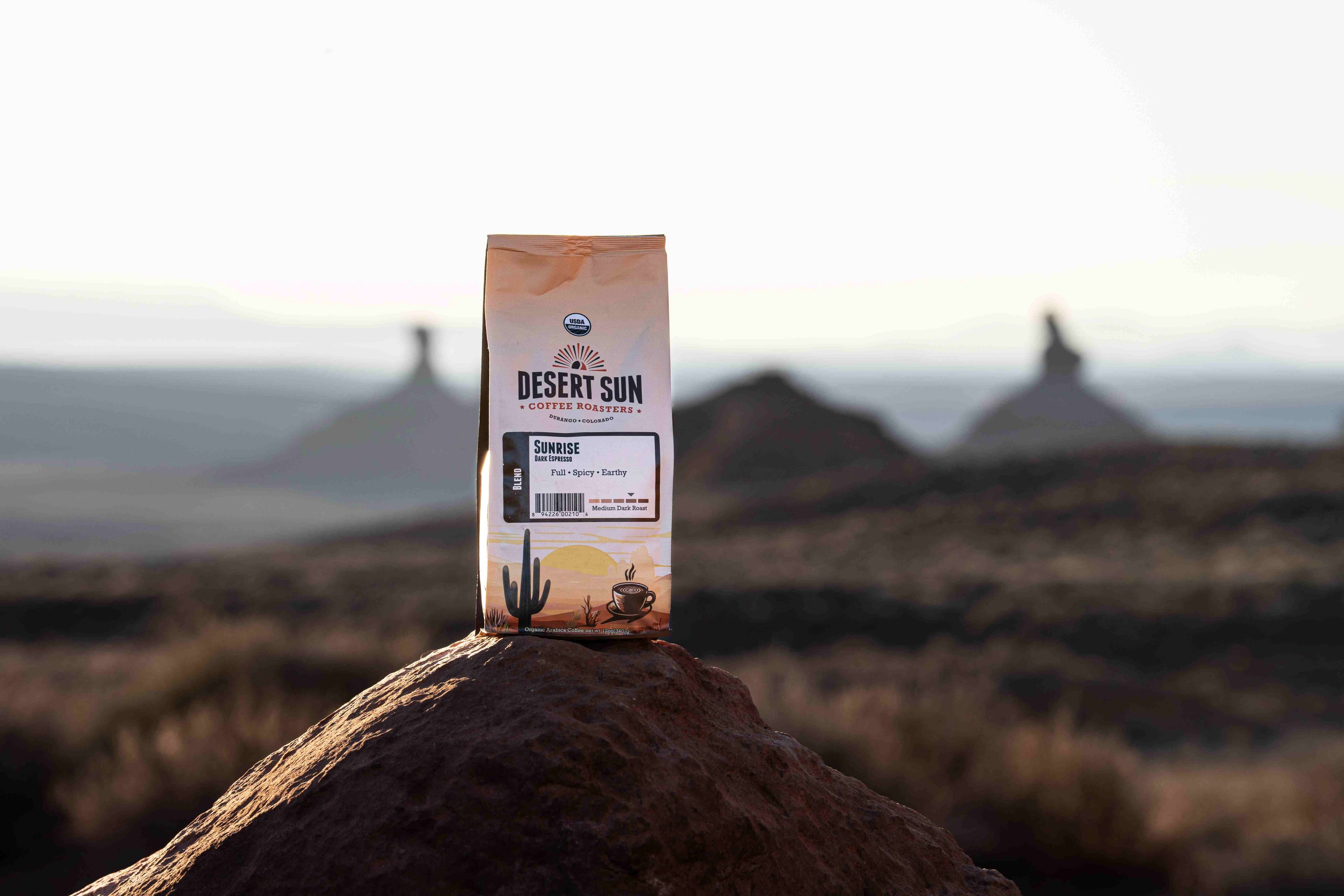 Desert Sun Coffee — wide editorial product frame from the brand shoot