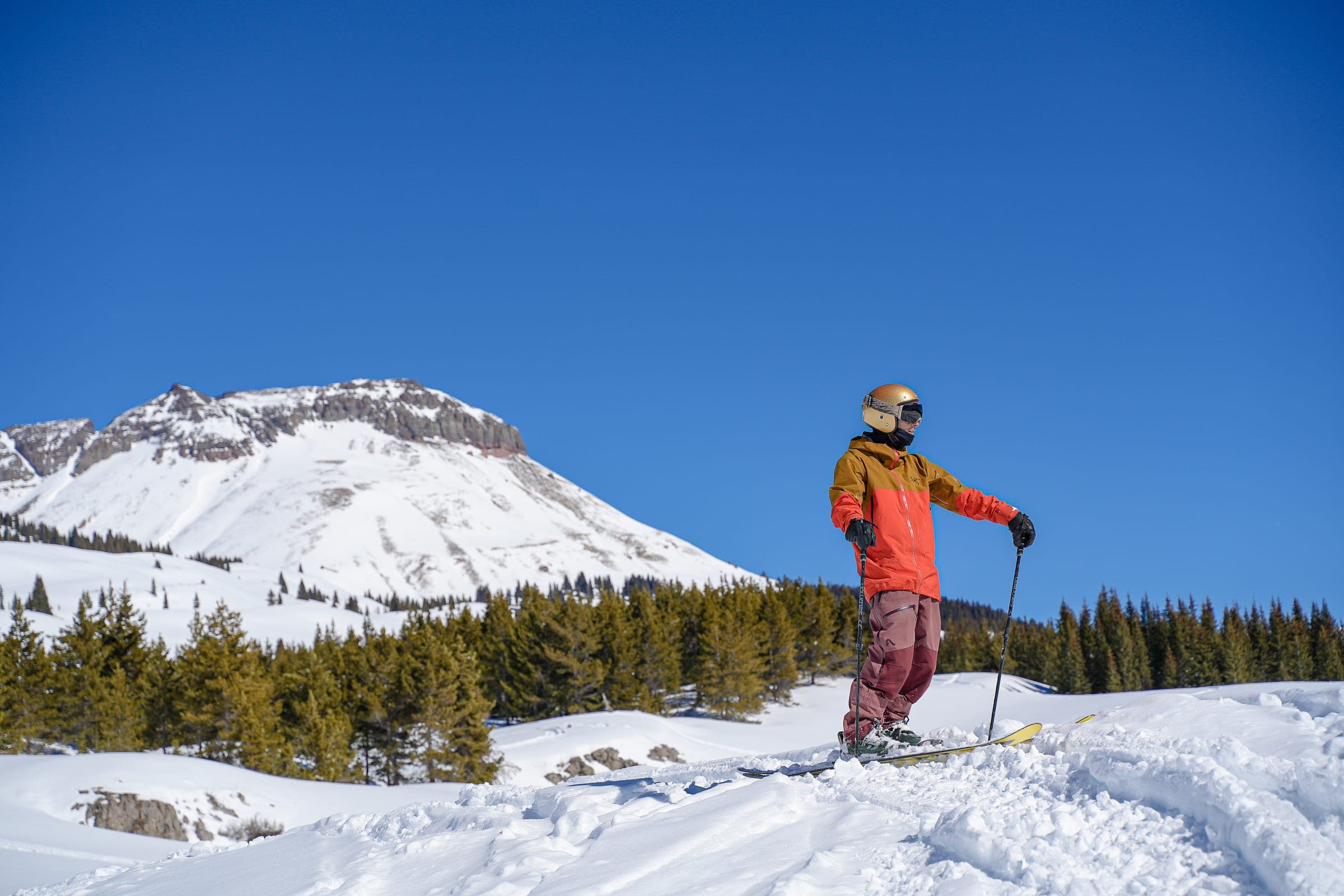 A skier in a red jacket standing on a snowy ridge beside a rocky white peak and a line of pines