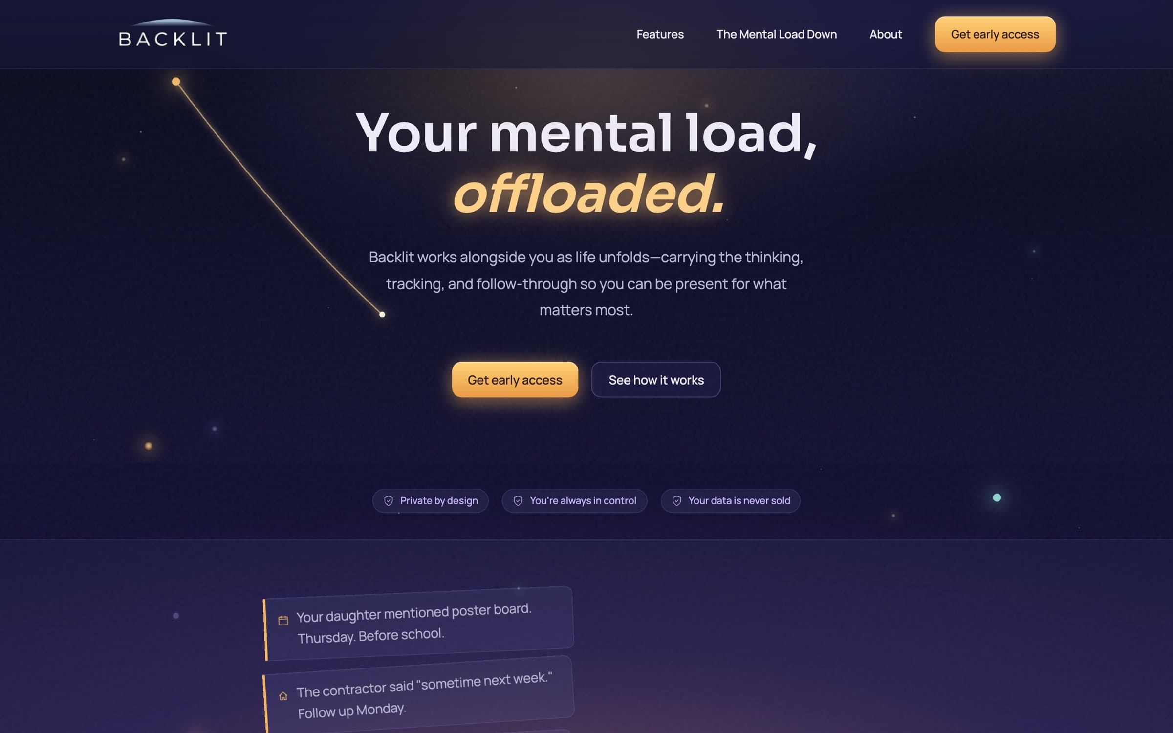 Backlit's chosen Sky Lanterns website concept — a deep indigo night sky with a golden shooting star and a glowing amber 'offloaded' headline