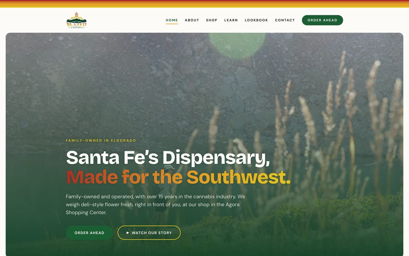 The new Blazed homepage: a full-width film behind the headline Santa Fe's Dispensary, Made for the Southwest, in the logo's gradient