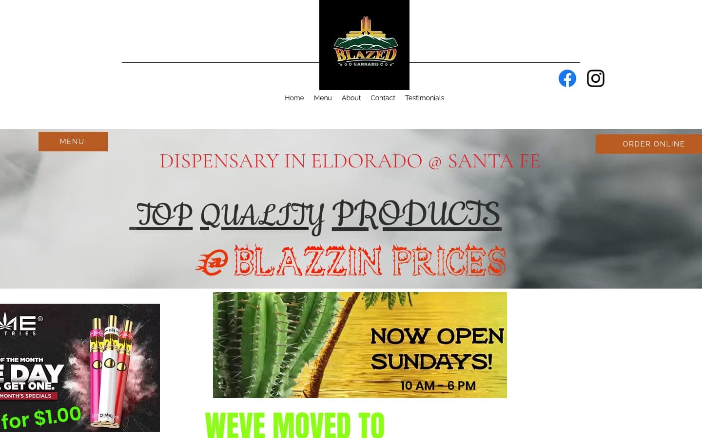 The old Blazed homepage on Wix in April 2026: a gray smoke banner with the words Top Quality Products at Blazzin Prices in a flame font