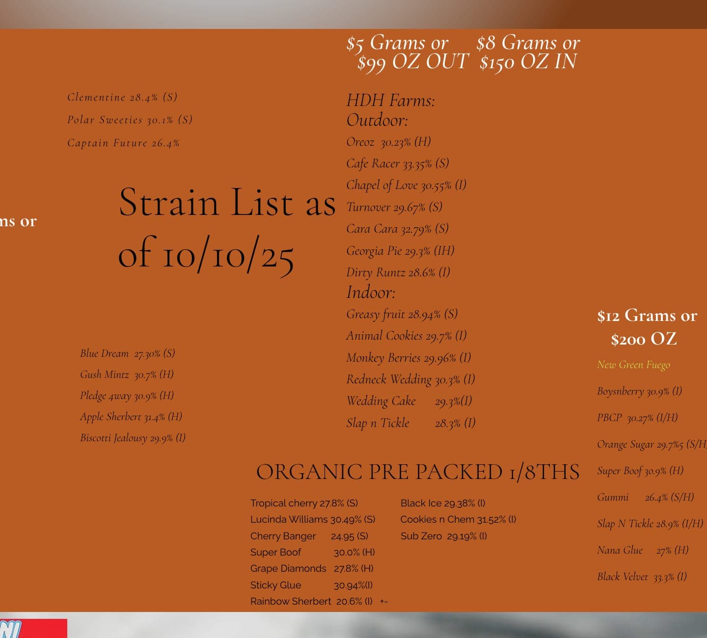 A section of the old Blazed homepage: a hand-typed list of strains with THC percentages under the heading Strain List as of 10/10/25