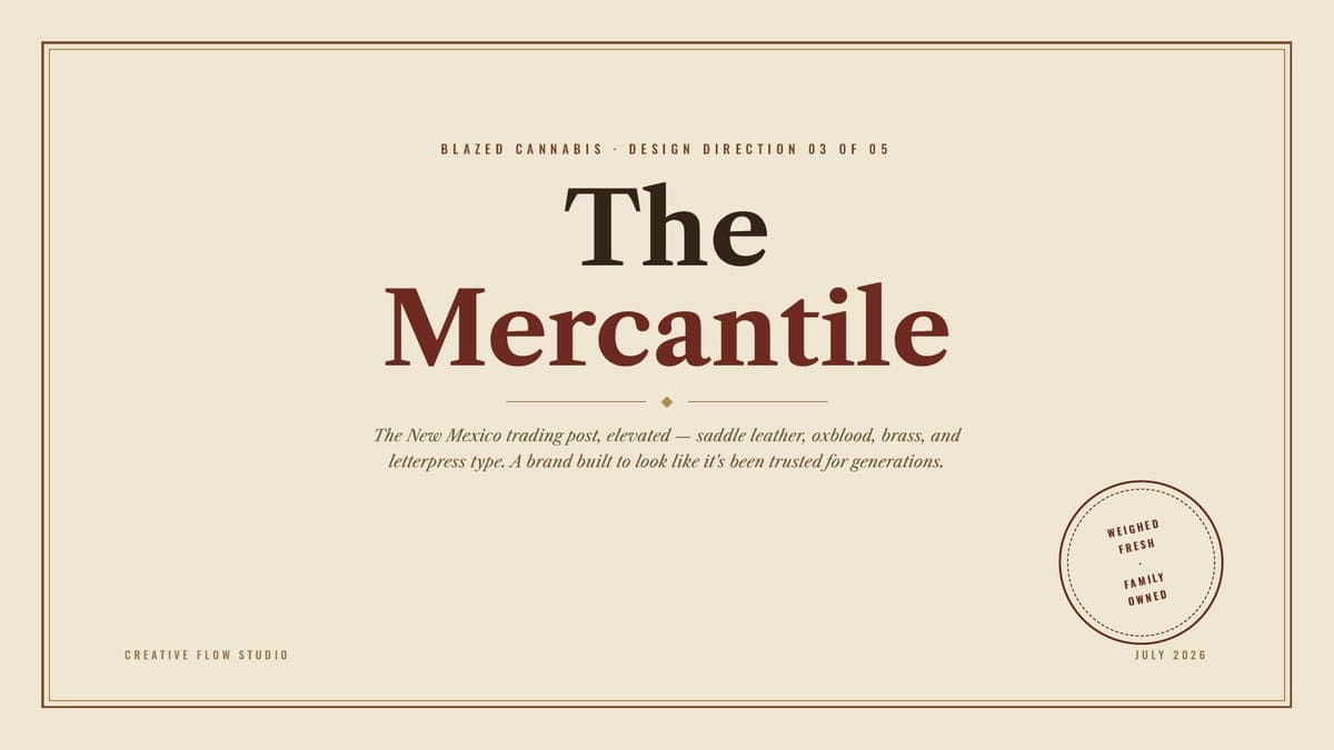 Cover slide of the The Mercantile design direction deck for Blazed Cannabis