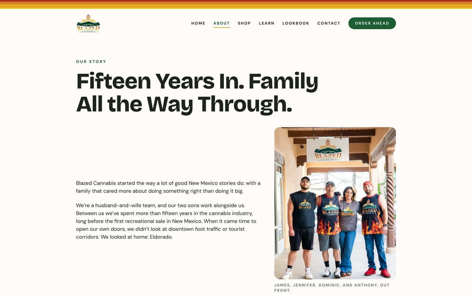 The About page, headed Fifteen Years In. Family All the Way Through, beside a portrait of the family under the shop sign
