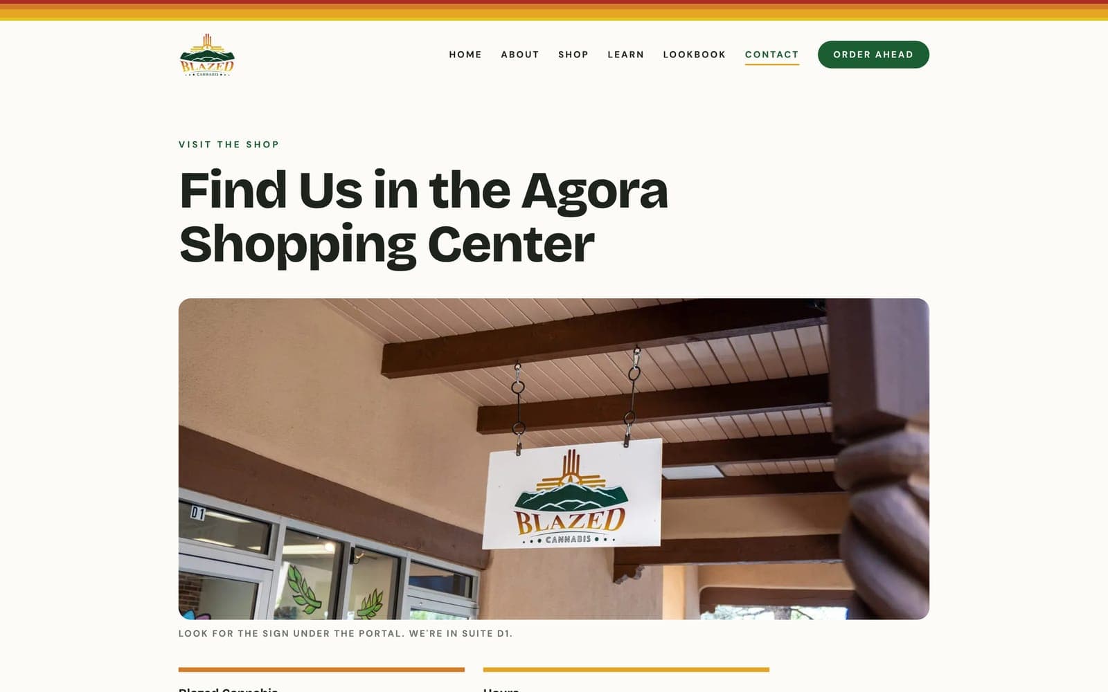 The Contact page, headed Find Us in the Agora Shopping Center, above a photo of the Blazed sign hanging under the portal