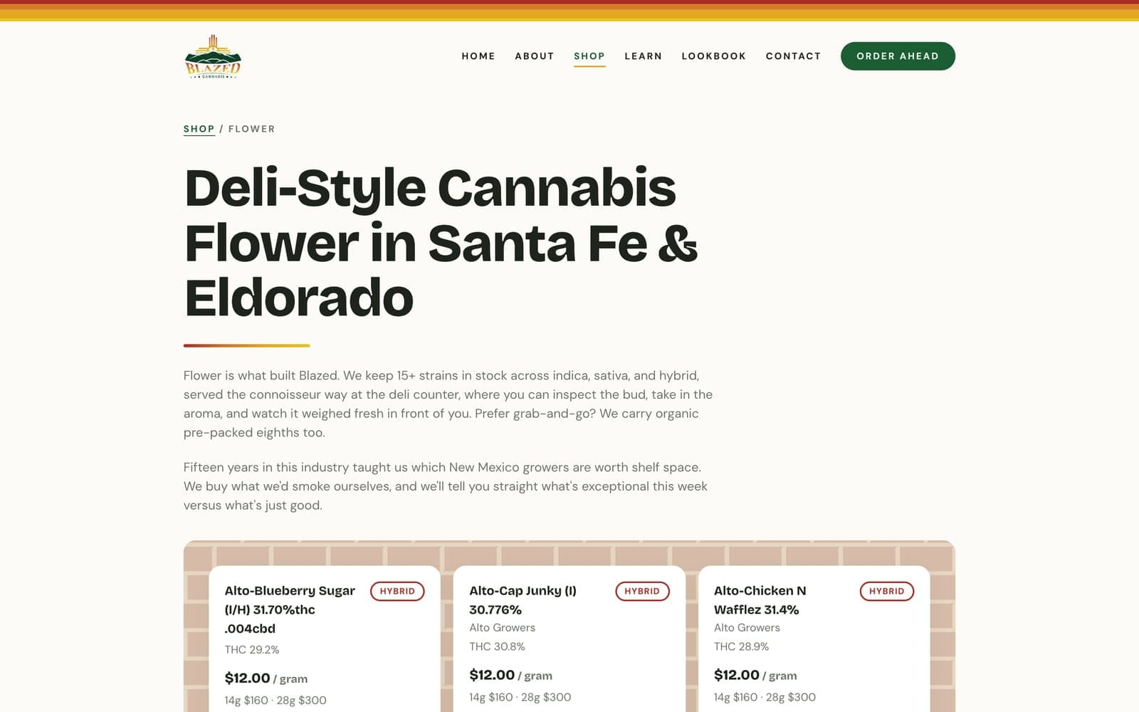 The Flower collection page: the headline Deli-Style Cannabis Flower in Santa Fe and Eldorado over live product cards on a brick background