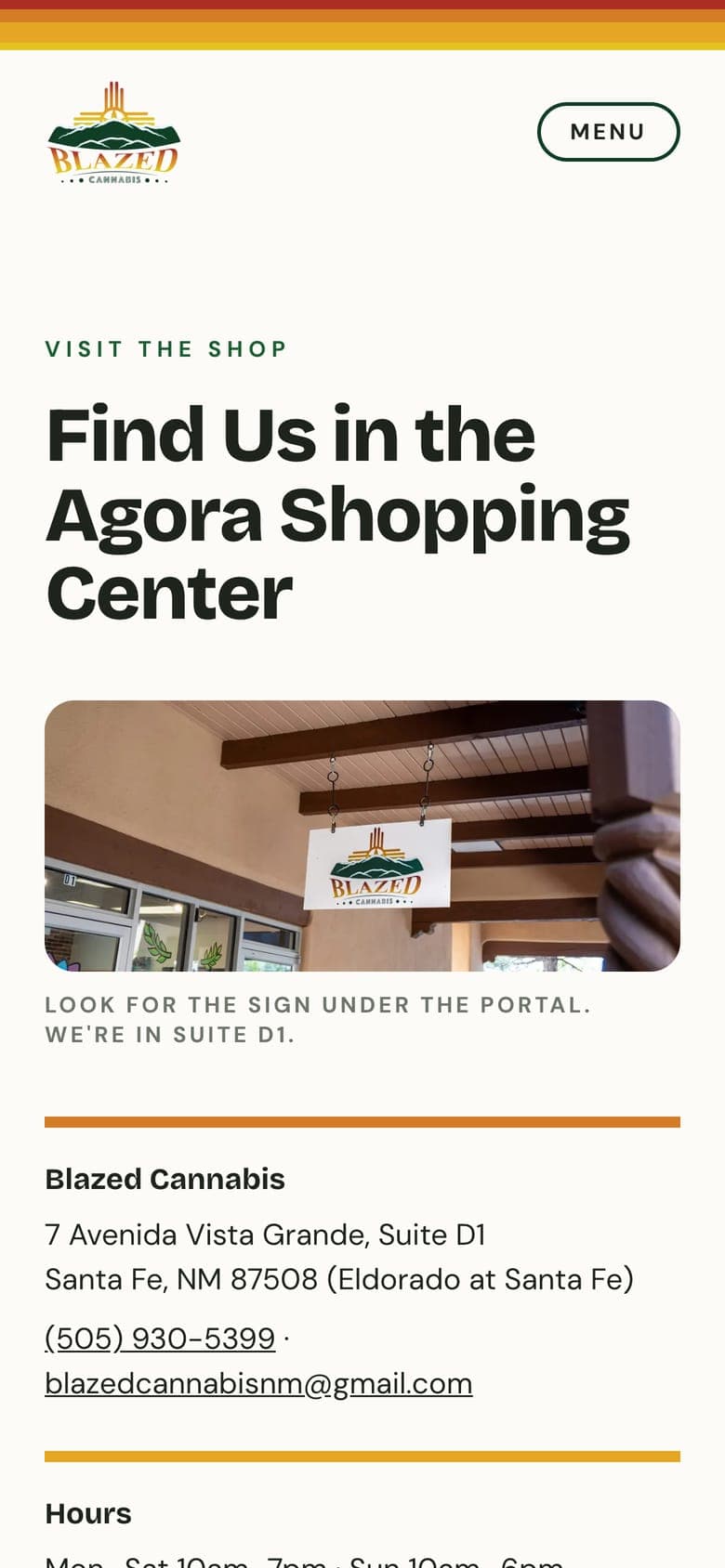 The Contact page on a phone, with the address and a photo of the shop sign