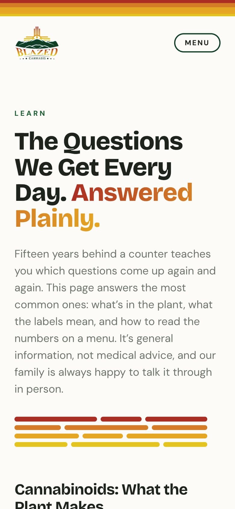 The Learn page on a phone, headed The Questions We Get Every Day. Answered Plainly