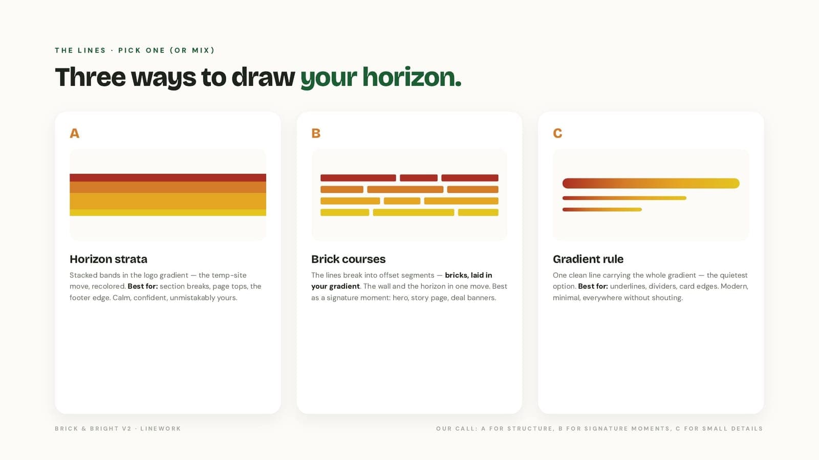 Second-round slide titled Three ways to draw your horizon: horizon strata, brick courses, and a gradient rule, all in the logo's colors