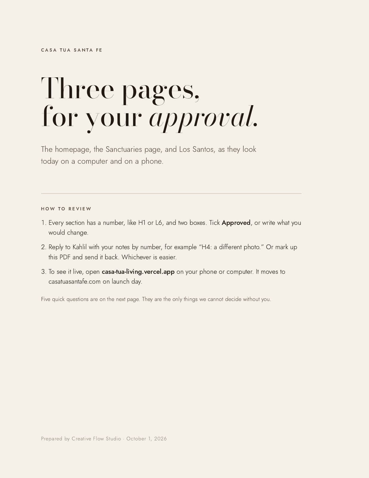 Cover page of the approval PDF: Three pages, for your approval, with instructions to tick Approved or write what to change