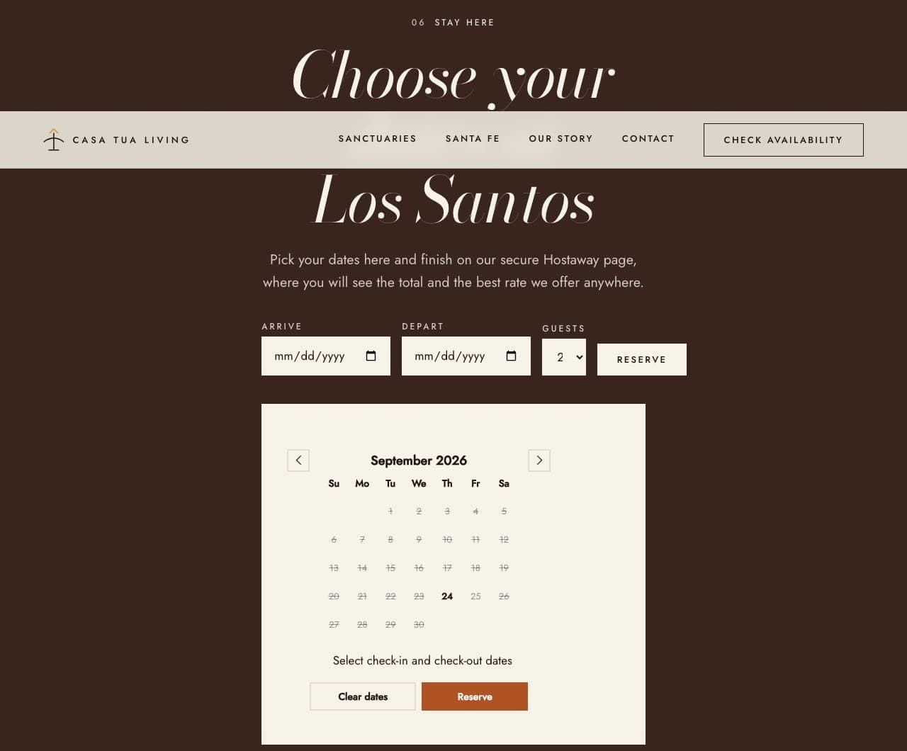 Hostaway's calendar widget on the development site, September 2026: every night struck through except a bold 24, under the heading Choose your Los Santos