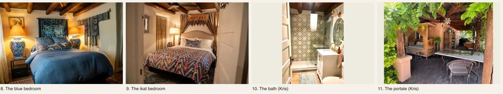 A row from a numbered contact sheet for Los Santos: the blue bedroom, the ikat bedroom, the bath, and the portal, two of them marked as Kris's own photographs