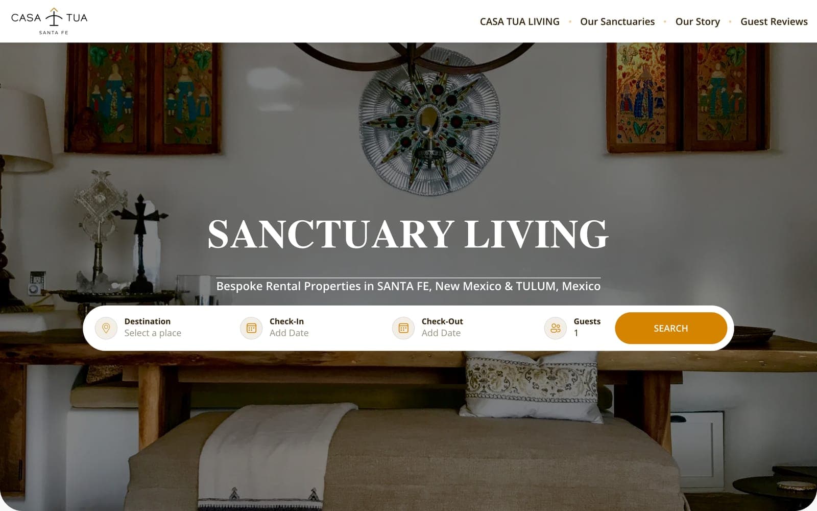 The old Casa Tua Living homepage on Hostaway's template: the words Sanctuary Living over a dimmed photo of a bedroom wall, above a search bar for destination, dates, and guests