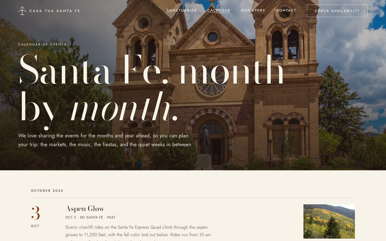 The Calendar page, headed Santa Fe, month by month, over a photo of the Cathedral Basilica, with the first October event below