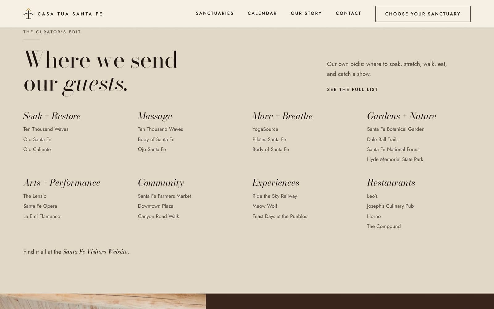 The Curator's Edit on the homepage, headed Where we send our guests: Kris's picks under Soak + Restore, Massage, Move + Breathe, Gardens + Nature, Arts + Performance, Community, Experiences, and Restaurants