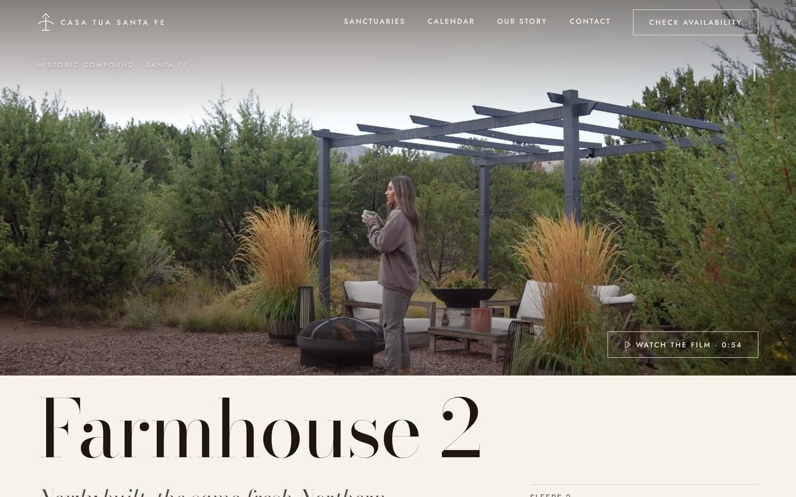 The Farmhouse 2 page: a film of a woman with a mug walking out to the pergola, a Watch the film button marked 0:54, and the name Farmhouse 2 below