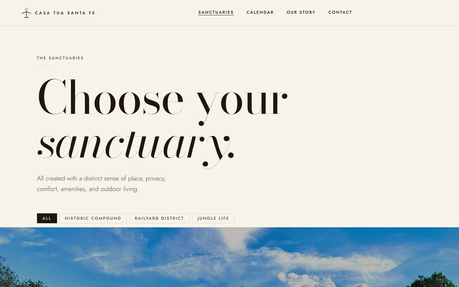 The Sanctuaries page, headed Choose your sanctuary, with filters for all homes, Historic Compound, Railyard District, and Jungle Life