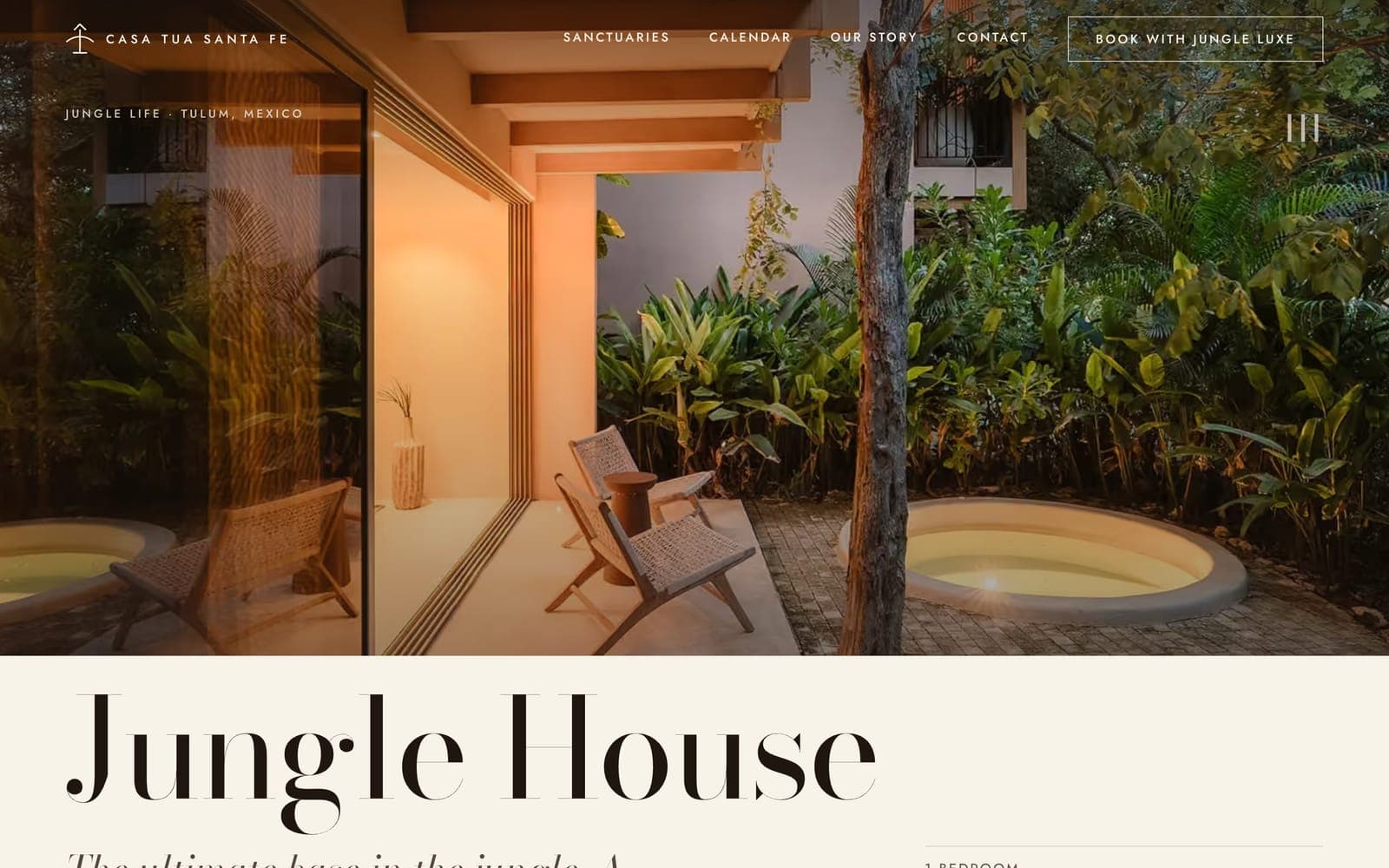 The Jungle House page for the Tulum apartment: a lamplit terrace with a round jacuzzi among palms, and the name Jungle House