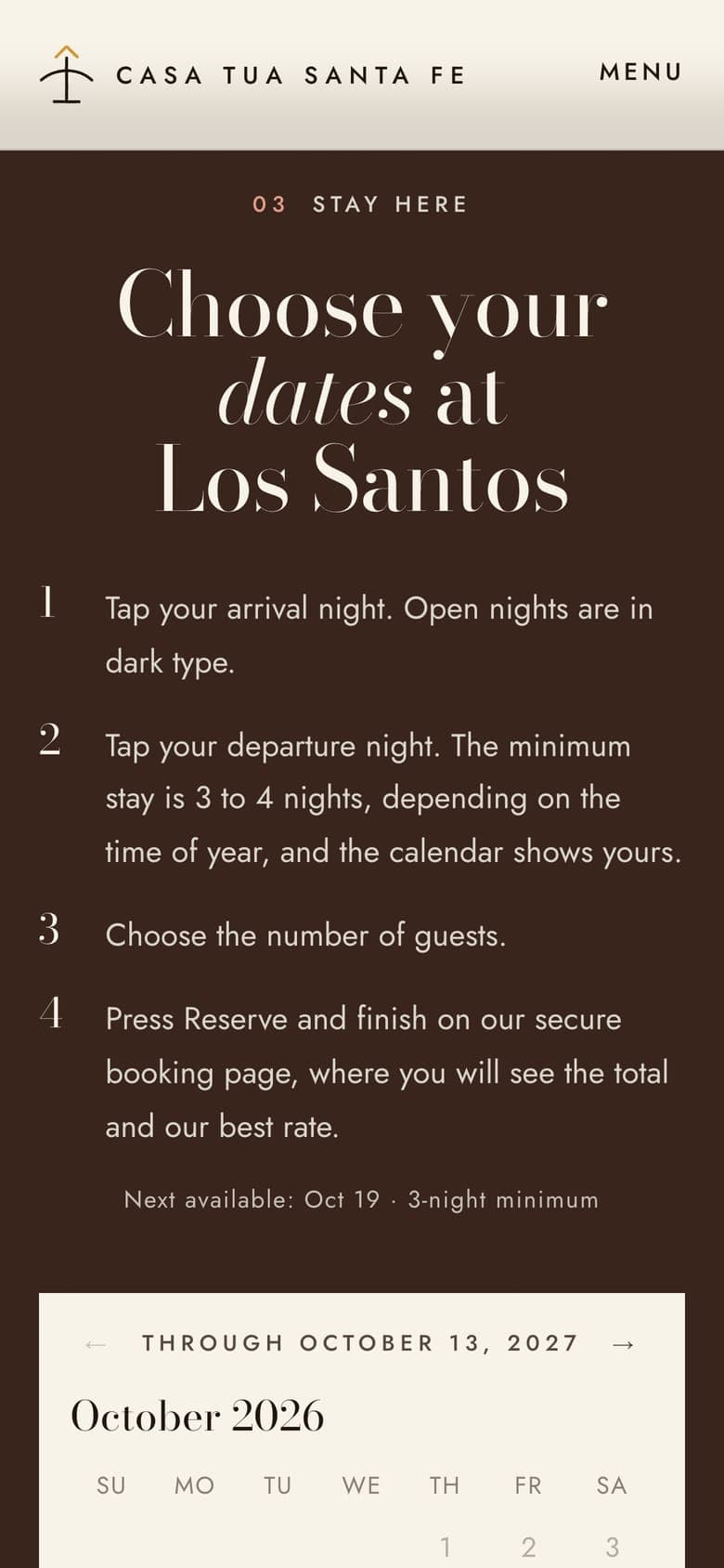 The Los Santos booking section on a phone, headed Choose your dates at Los Santos, with four numbered steps above the calendar