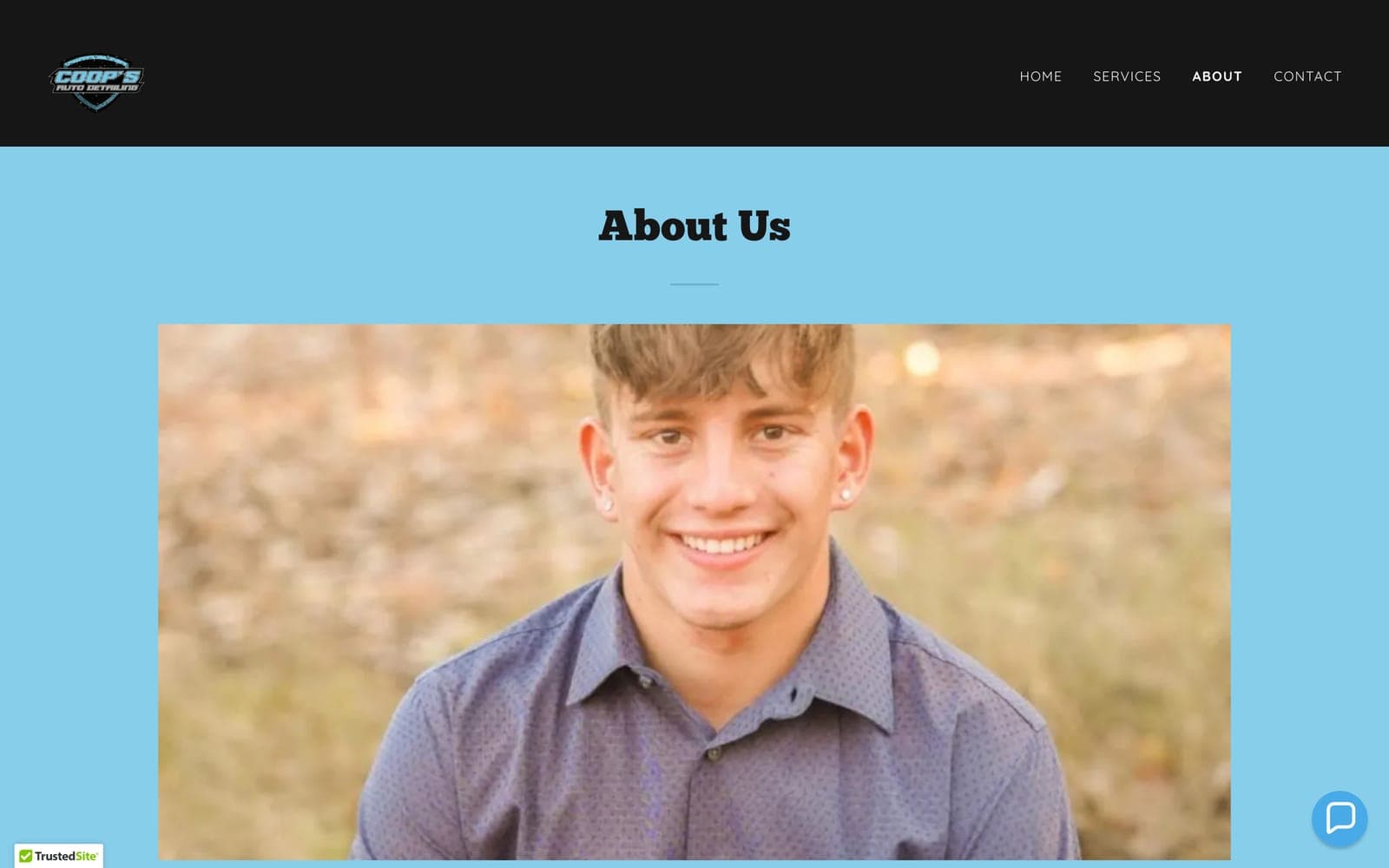 The About page: a portrait of Cooper Hill, smiling, outdoors, under the heading About Us
