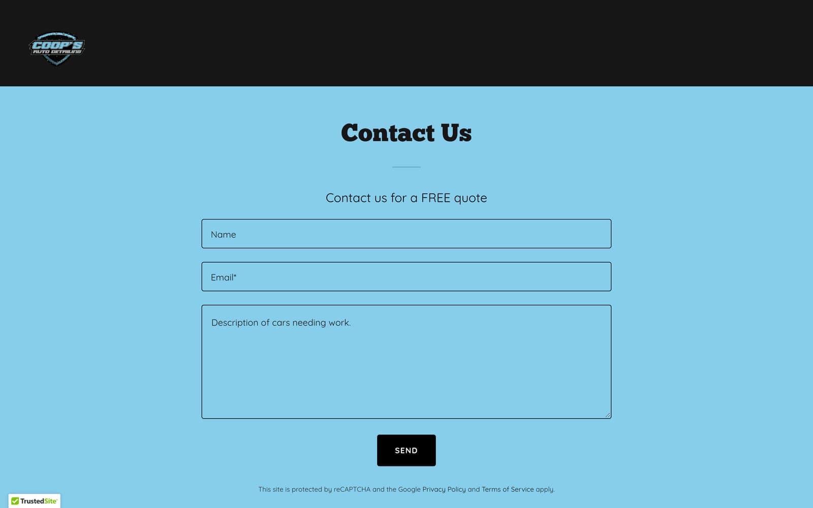 The Contact page: a free-quote form with name, email, and a description of the car