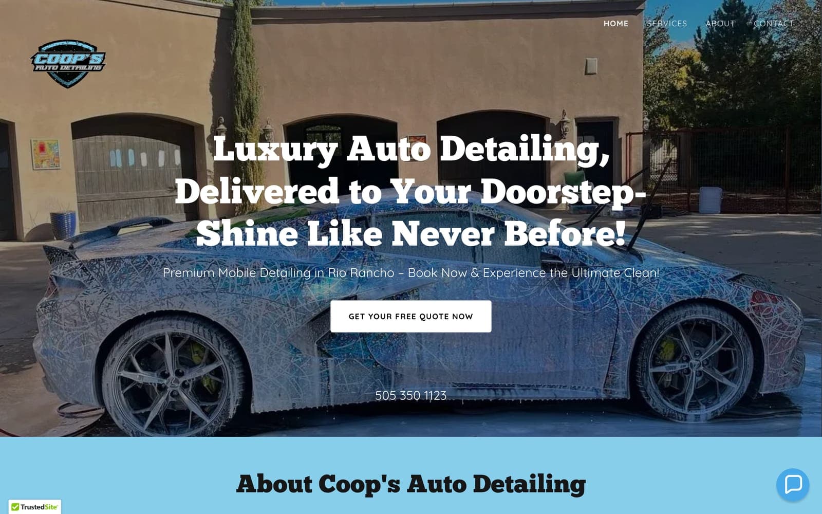 The Coop's homepage hero: Luxury Auto Detailing, Delivered to Your Doorstep, then Premium Mobile Detailing in Rio Rancho, a Get Your Free Quote Now button, and the phone number