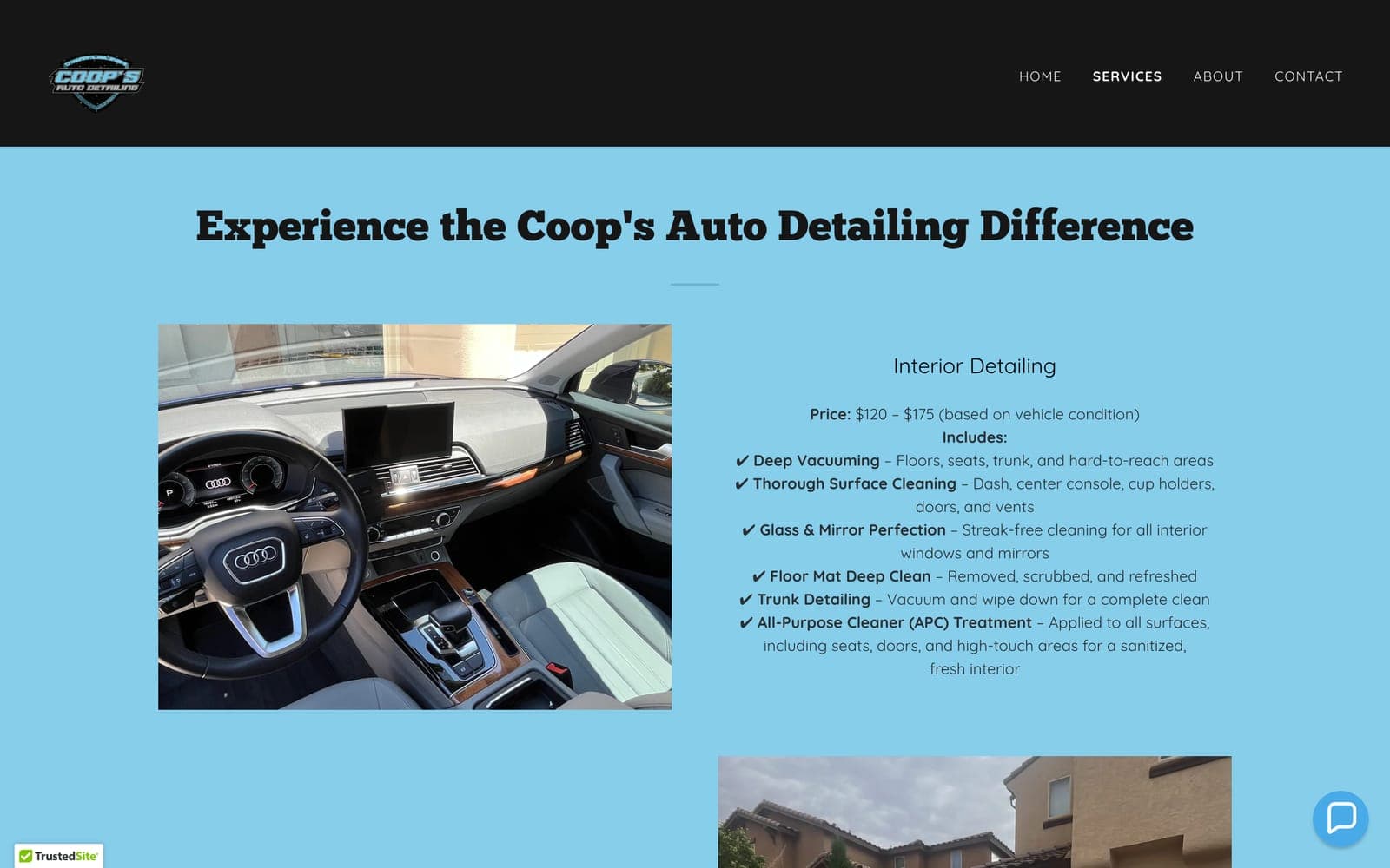 The Services page, headed Experience the Coop's Auto Detailing Difference, with a clean Audi interior beside the interior detailing package
