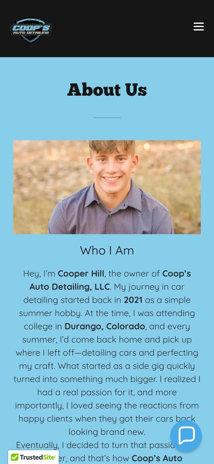 The About page on a phone, with Cooper's portrait and his story