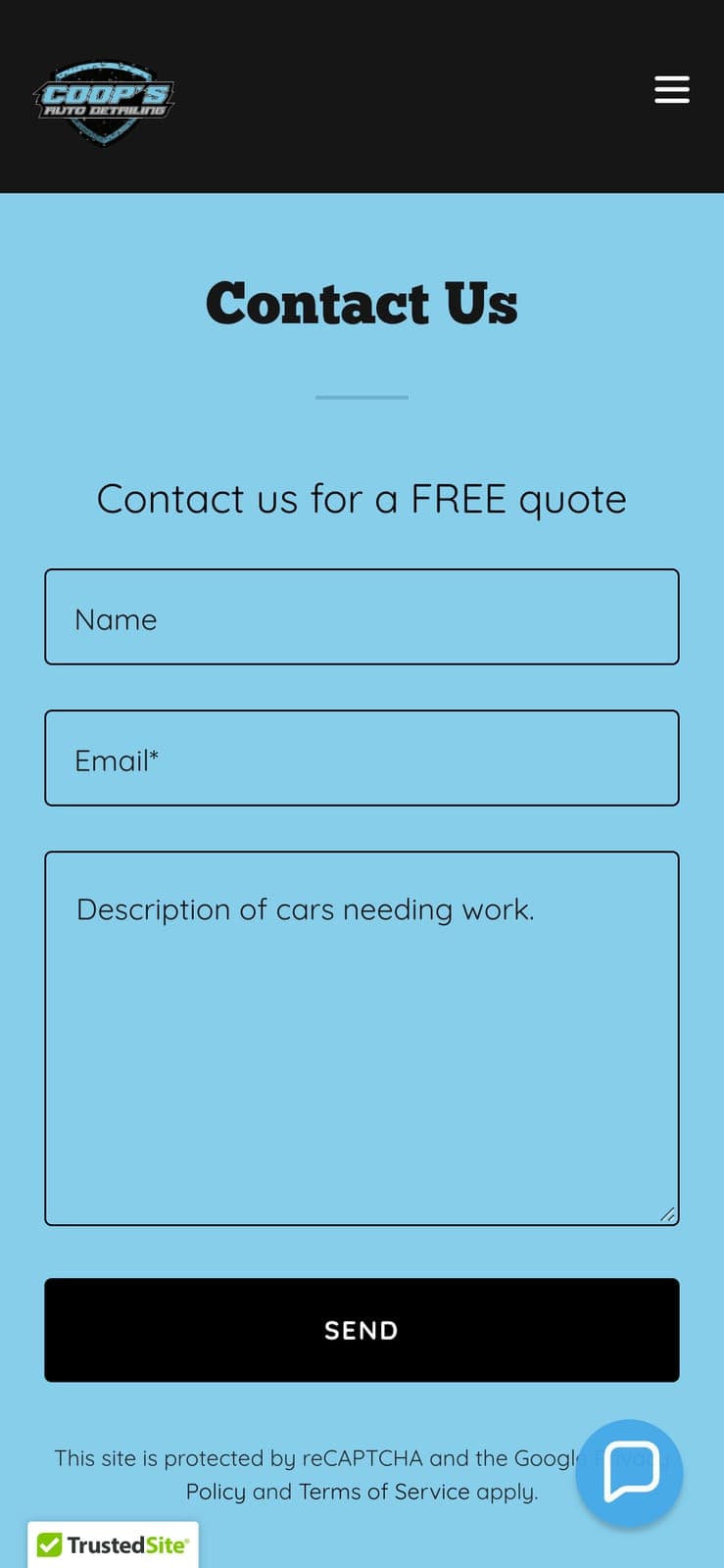 The Contact page on a phone, with the free-quote form