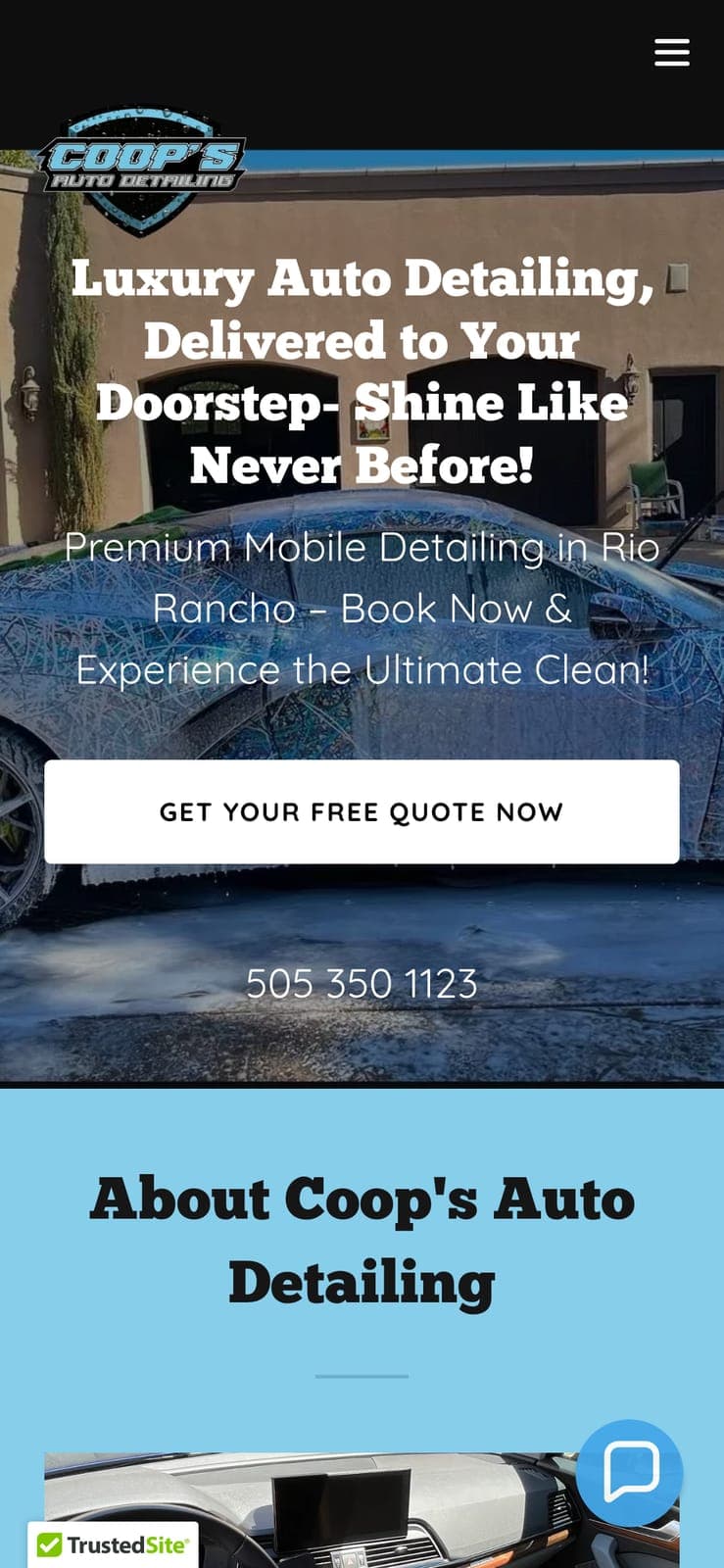 The homepage on a phone, the offer and the phone number over the foam-covered car