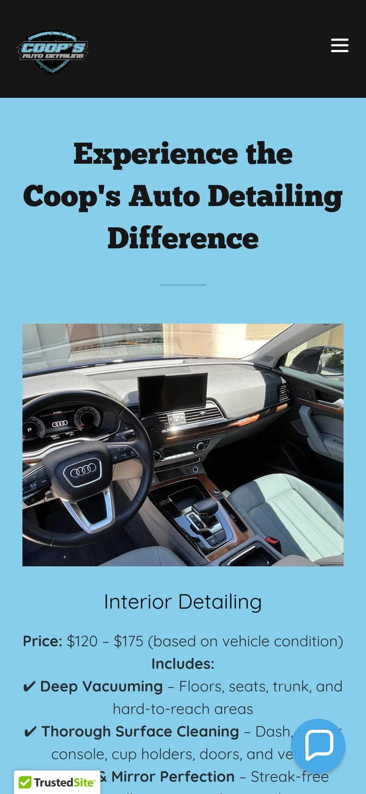 The Services page on a phone, headed Experience the Coop's Auto Detailing Difference