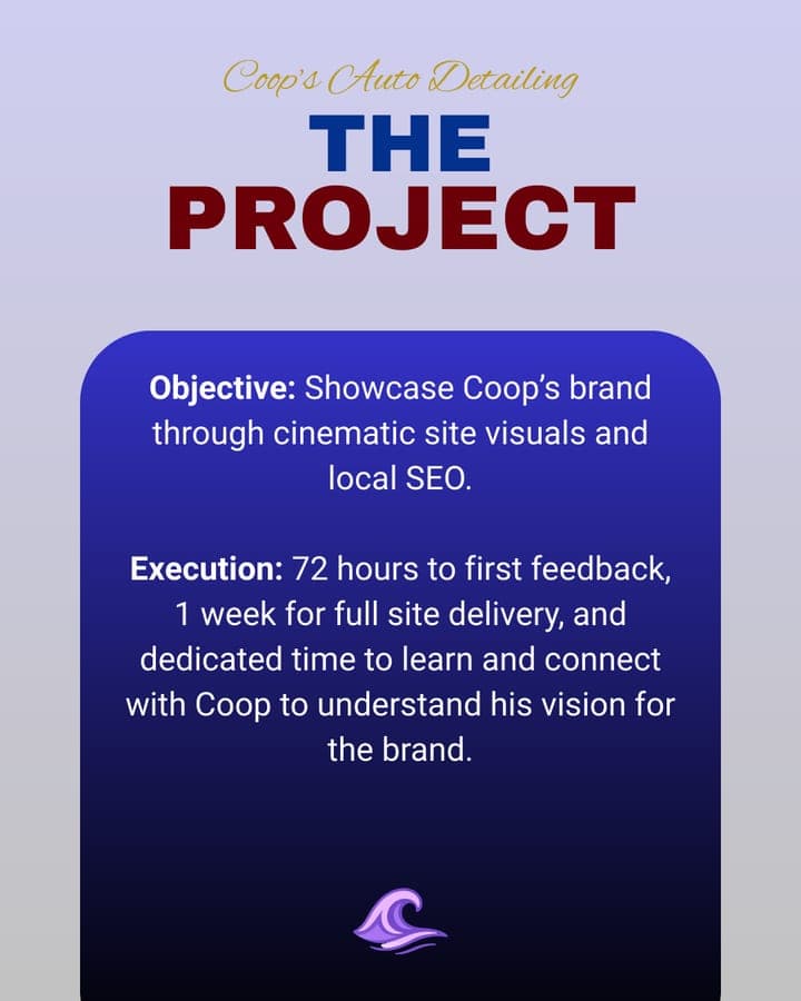 Slide from our Coop's recap, The Project: showcase Coop's through cinematic site visuals and local SEO; 72 hours to first feedback, one week for full site delivery