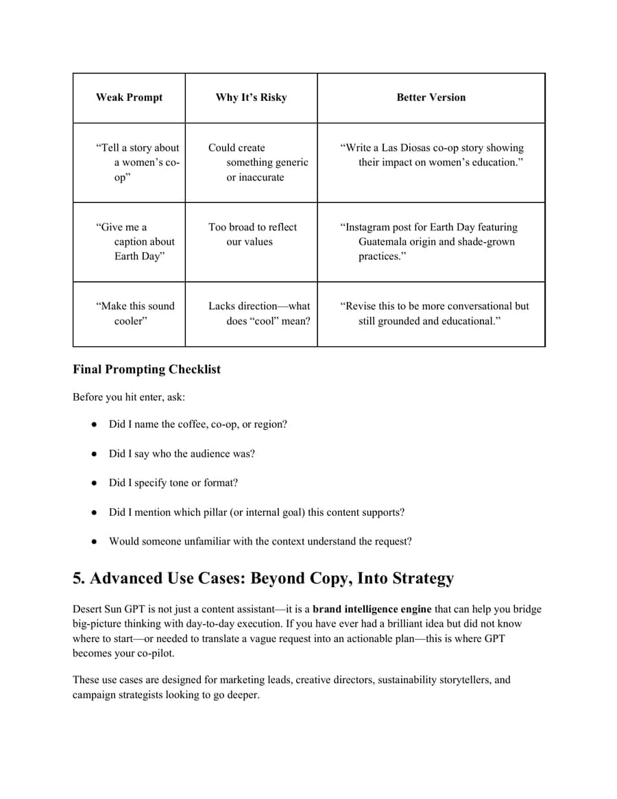 Guide page with a table of weak prompts, why each is risky, and a better version, followed by a final prompting checklist