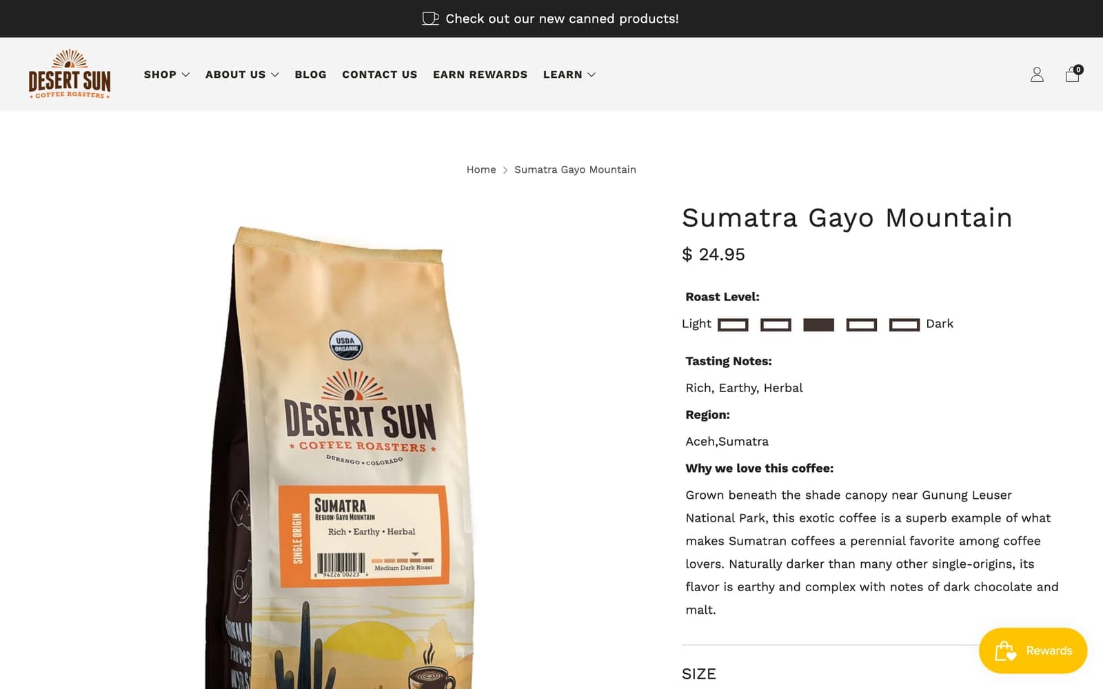 The Sumatra Gayo Mountain page in Desert Sun's online store: a rendered bag on a white background beside the price, roast level, and tasting notes