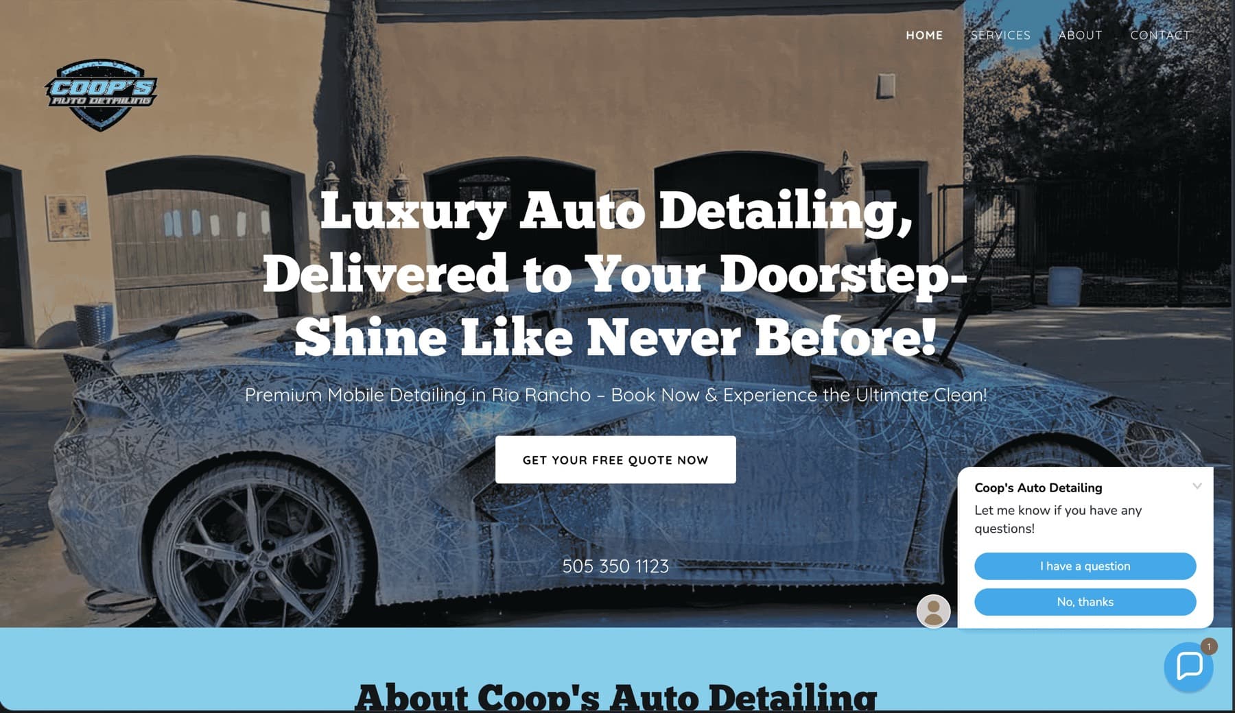 The Coop's Auto Detailing homepage: a foam-covered sports car under the headline Luxury Auto Detailing, Delivered to Your Doorstep