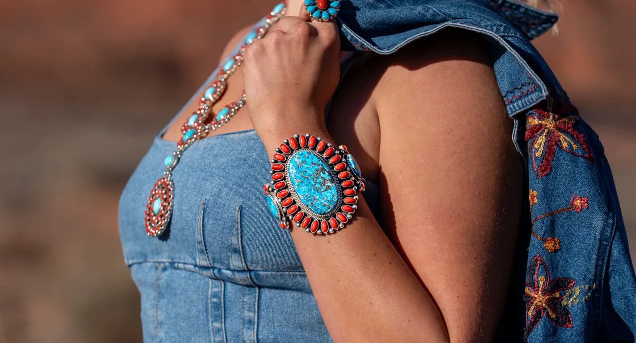 Feathers Galleria editorial portrait — Santa Fe jewelry campaign