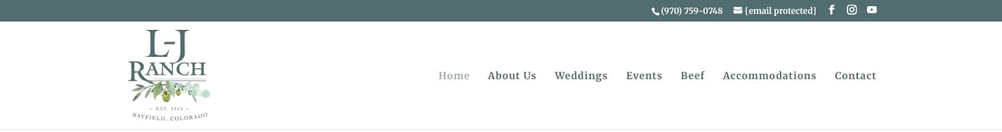The old L-J Ranch website header as the Internet Archive saved it in February 2026: the L-J Ranch logo beside a menu reading Home, About Us, Weddings, Events, Beef, Accommodations, Contact