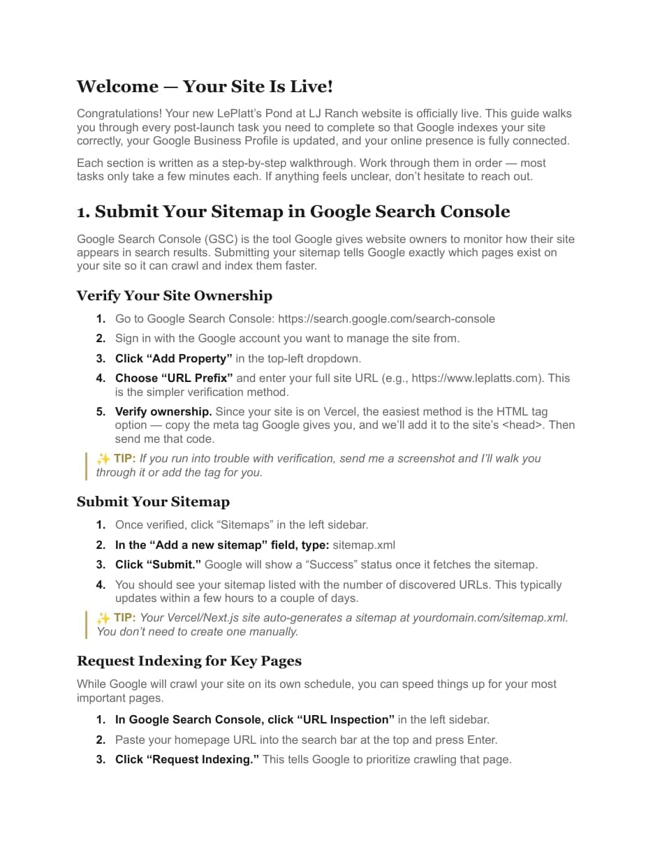 Page two of the LePlatt's Pond post-launch guide, headed Welcome, Your Site Is Live, with steps for submitting the sitemap to Google Search Console