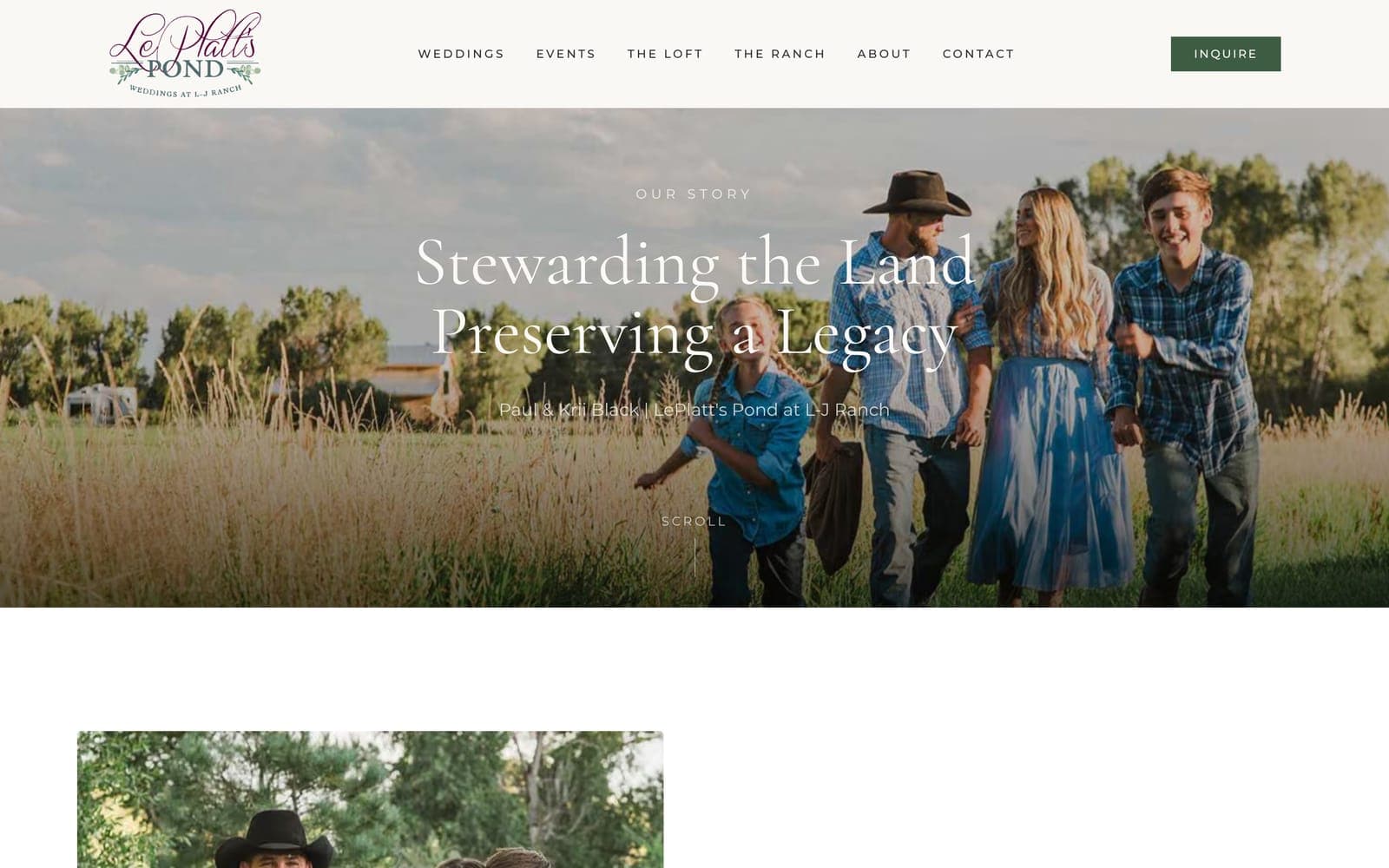 The about page, headed Stewarding the Land, Preserving a Legacy, over a photo of the family in a field