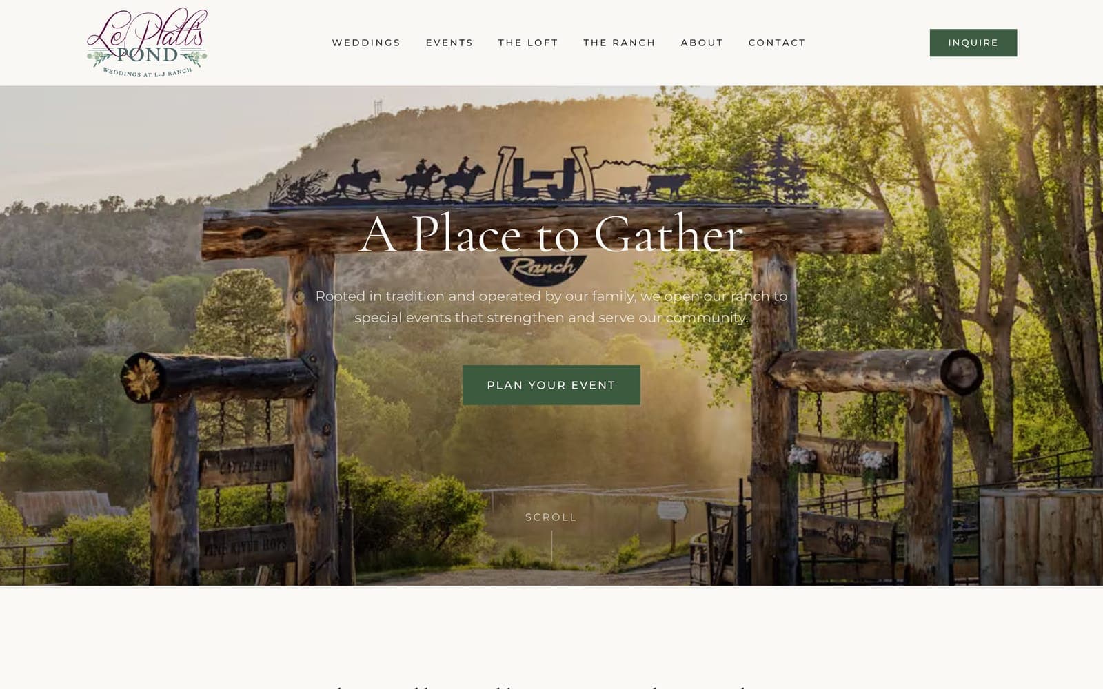 The events page, headed A Place to Gather, under the ranch's log entrance gate