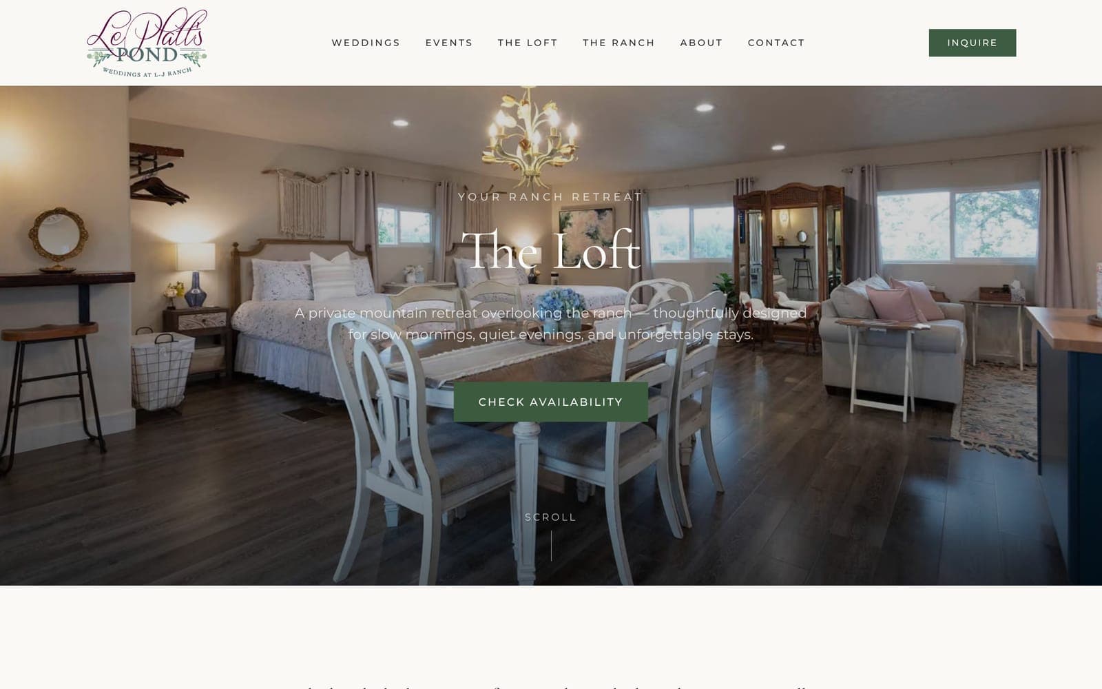 The Loft page, headed The Loft, over a photo of the furnished lodging with a chandelier