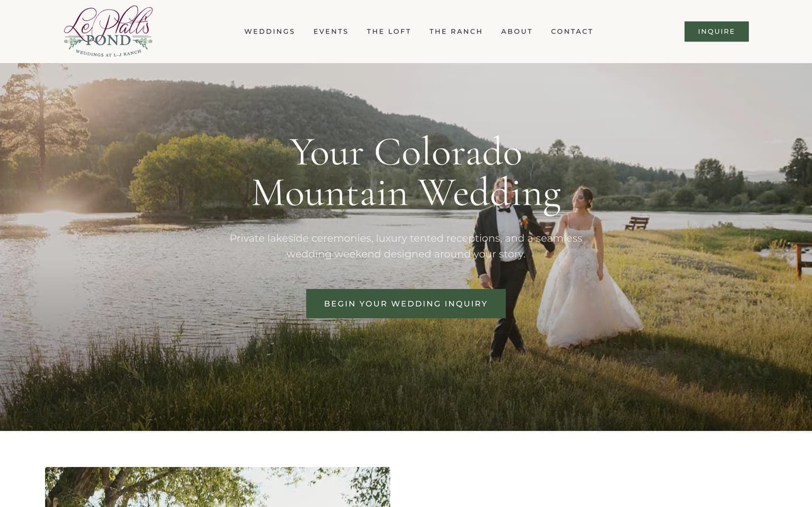 The weddings page, headed Your Colorado Mountain Wedding, over a photo of a couple walking by the lake