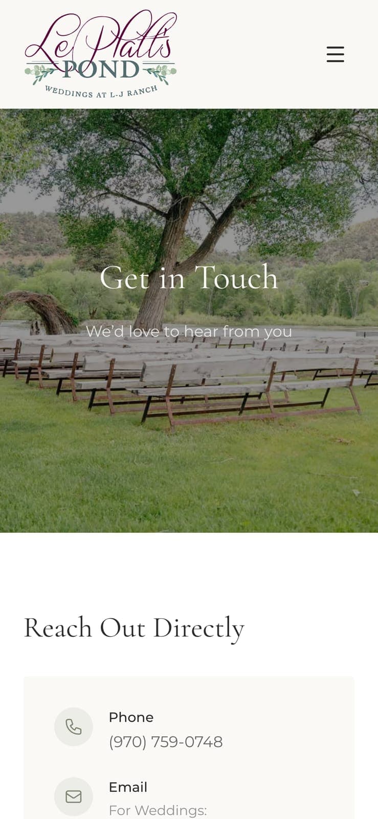 The contact page on a phone, headed Get in Touch, with the phone number and email