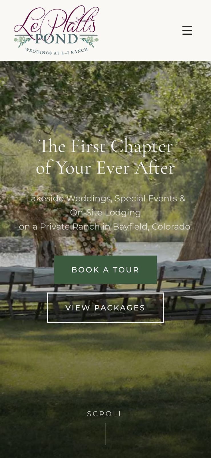 The LePlatt's Pond homepage on a phone, headed The First Chapter of Your Ever After