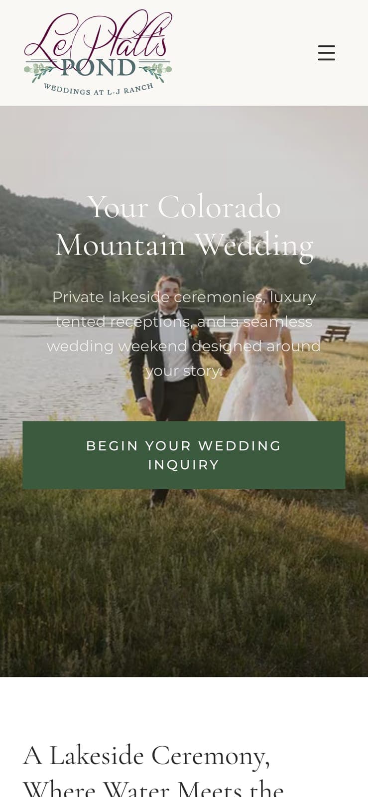 The weddings page on a phone, headed Your Colorado Mountain Wedding