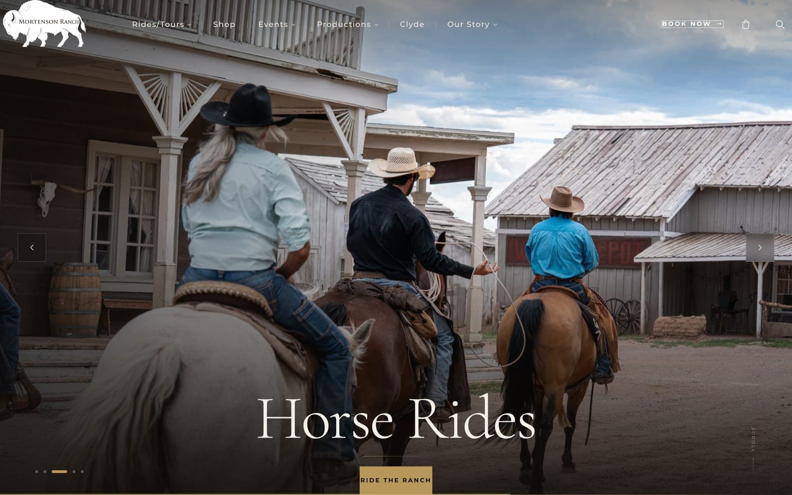 The Mortenson Ranch homepage today: riders on the western set under the title Horse Rides, with Book Now in the header
