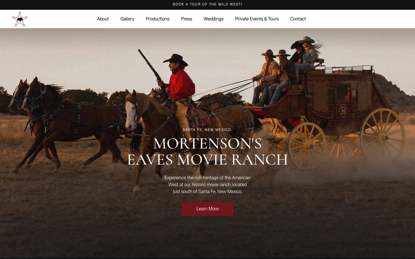 The old Mortenson's Eaves Movie Ranch homepage on Framer in April 2026: a stagecoach and outrider under the title Mortenson's Eaves Movie Ranch, with a banner reading Book a tour of the wild west