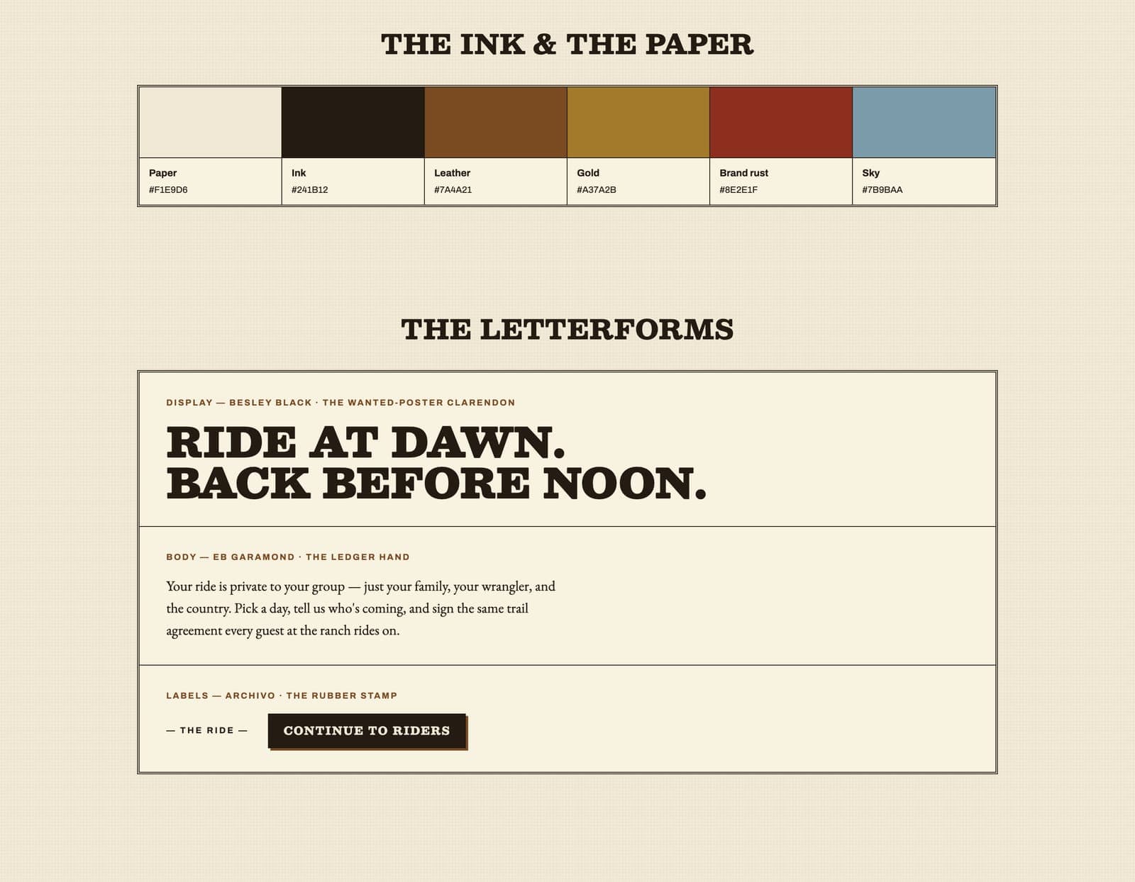 The booking system's design preview: six swatches named Paper, Ink, Leather, Gold, Brand rust, and Sky, over the headline Ride at dawn, back before noon in a wanted-poster slab face