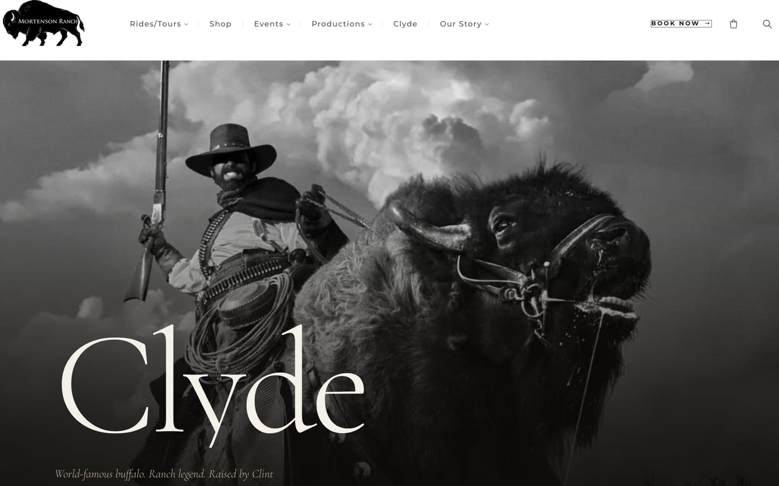 The Clyde page: a black-and-white photo of a cowboy beside Clyde the buffalo under storm clouds, titled Clyde