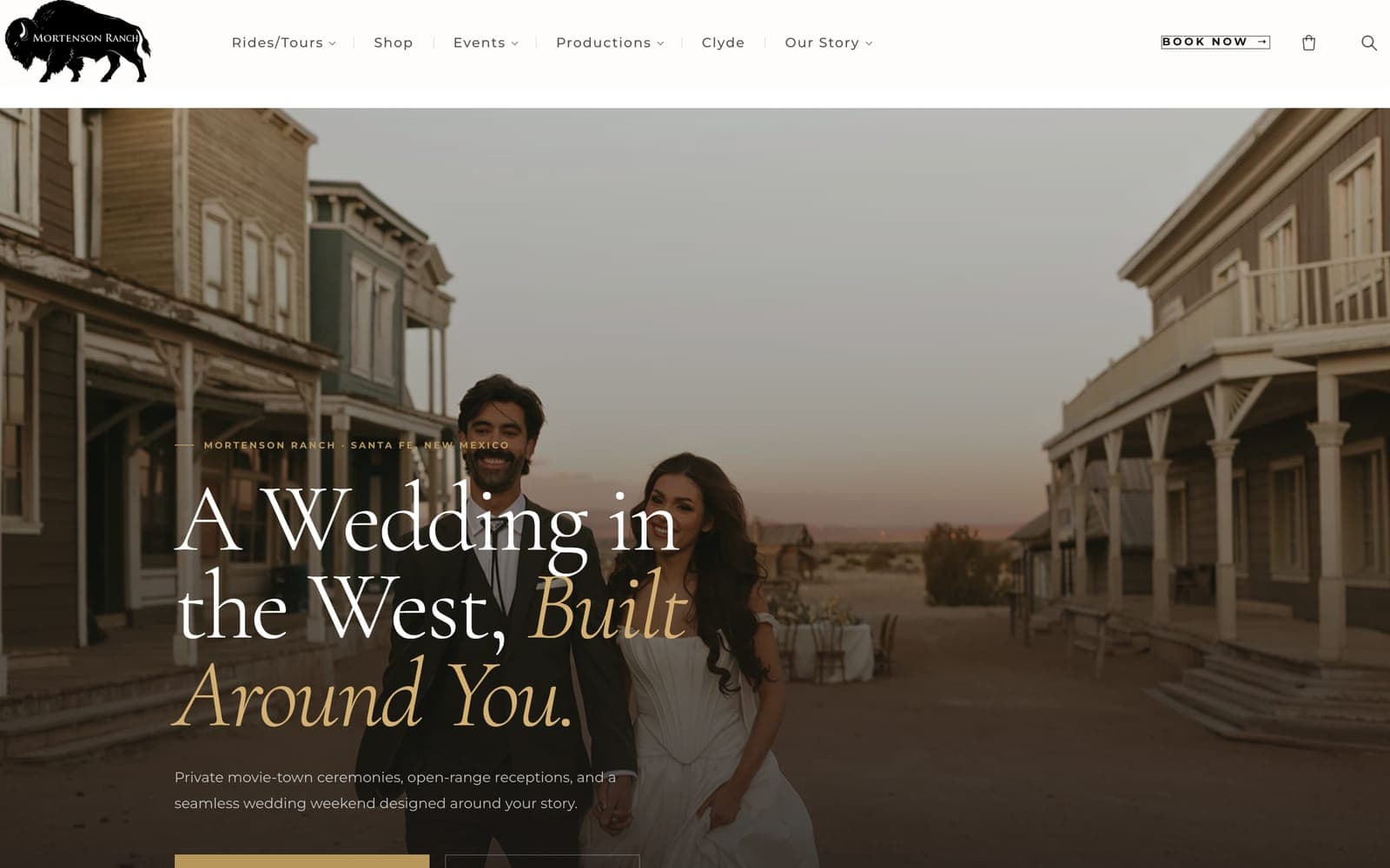 The Weddings page: a couple on the western set's street at dusk under the headline A Wedding in the West, Built Around You